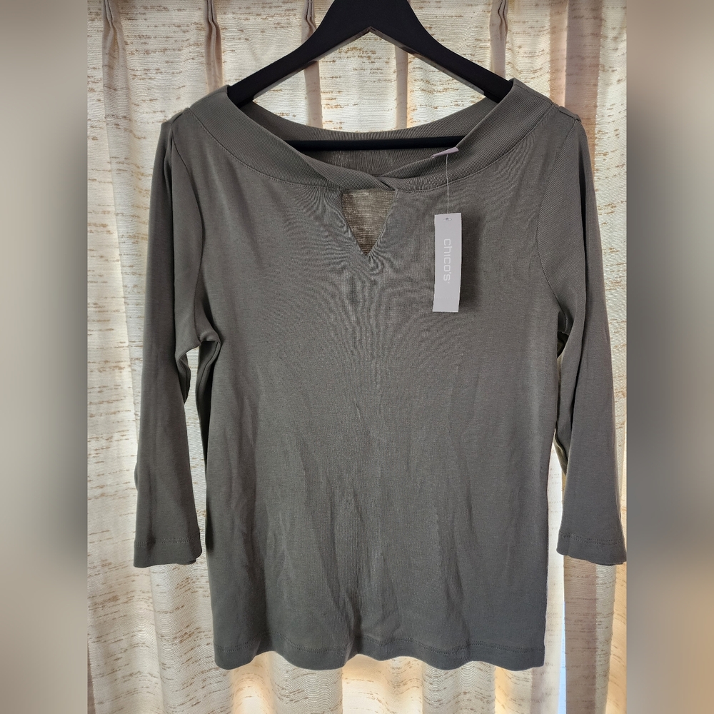 Chico's Pima Twist Neck Tee Top, 3/4 slv, 100%cotton, sage leaf, NWT, Size 0 (S)